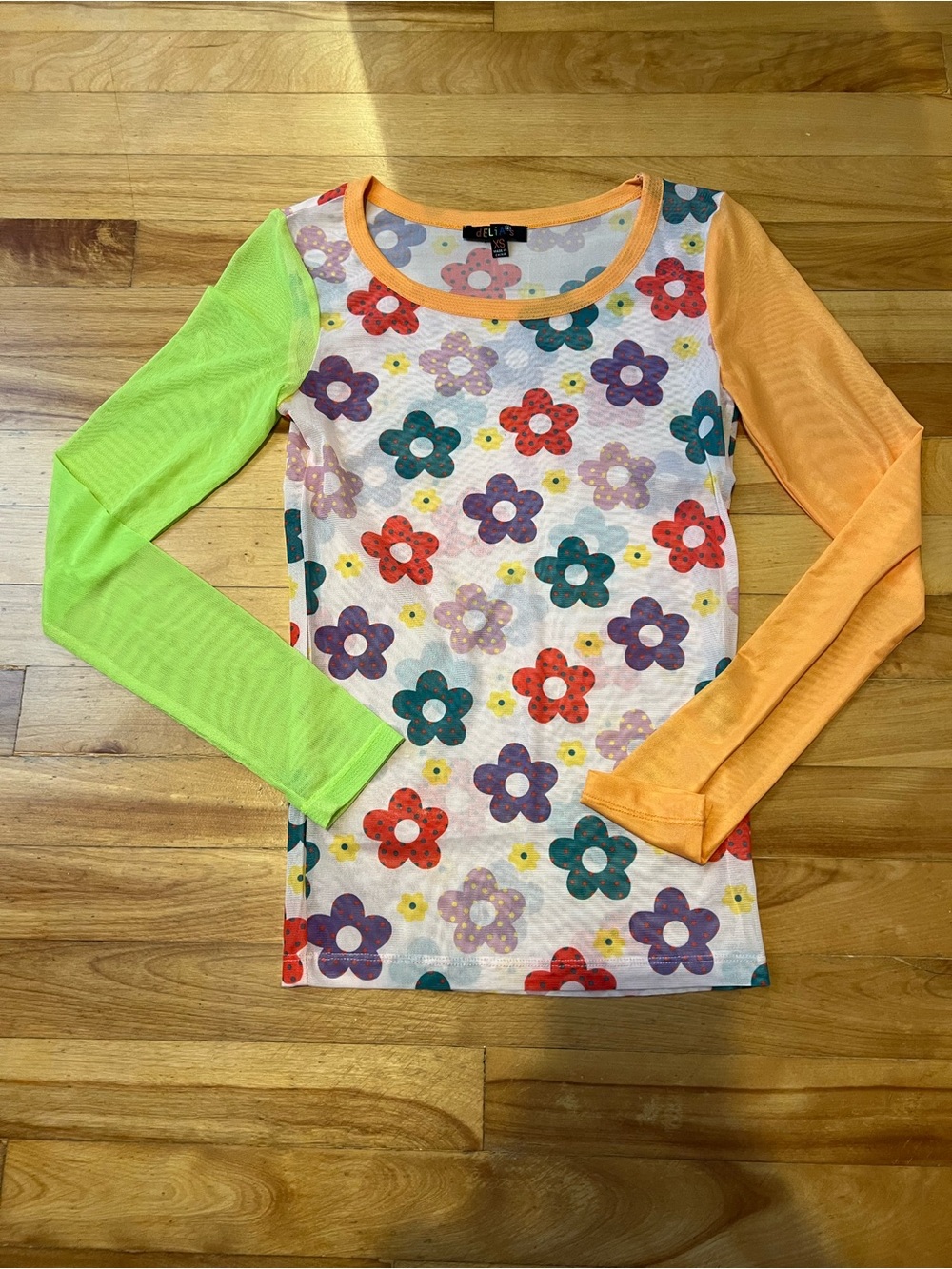 Colorblock Floral Long-Sleeve Tee - Lime & Orange